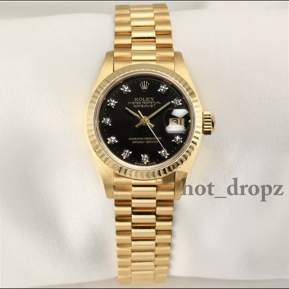 Rolex Oyster DateJust 18k Gold Black Diamond Dial